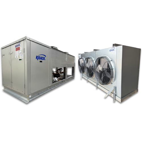 Gray condensing unit front side view showing labels and gray evaporator with three fans front side view showing labels