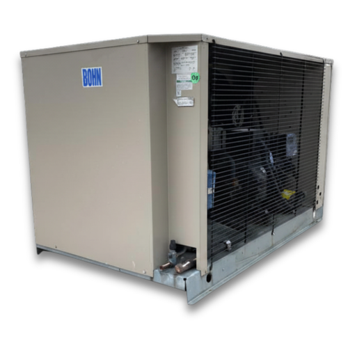Beige condensing unit front side view showing labels.