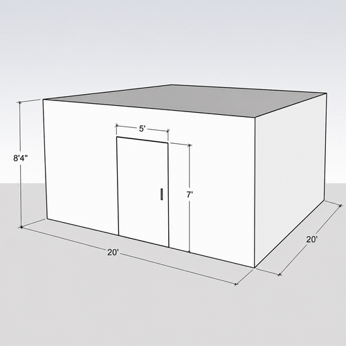 Large white drive-in cooler with sliding door and insulated panel walls
