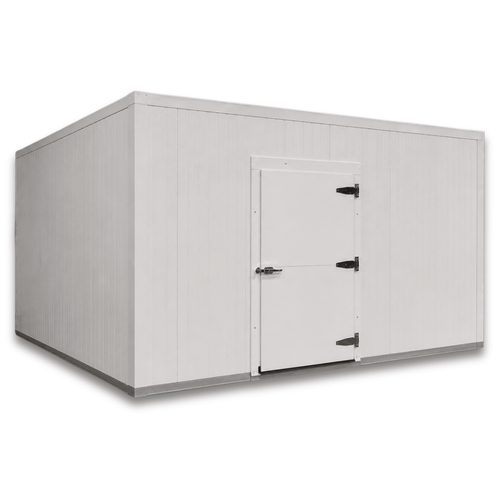Large white drive-in cooler with swing door and insulated panel walls