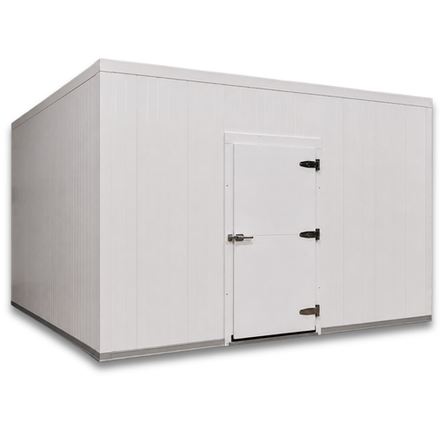 Large white drive-in cooler with swinging door and insulated panel walls
