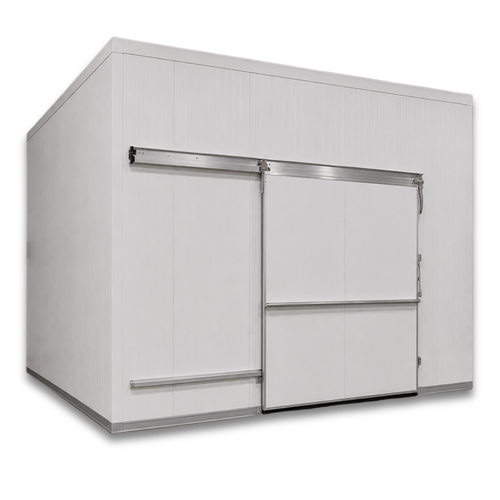 Large white drive-in cooler with sliding door and insulated panel walls