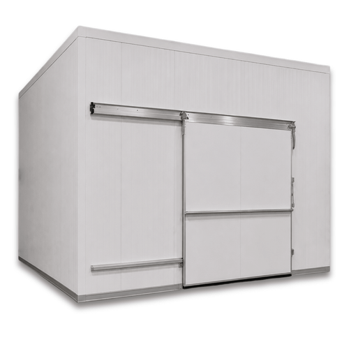Large white drive-in cooler with sliding door and insulated panel walls