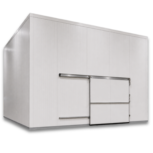Large white drive-in cooler with sliding door and insulated panel walls
