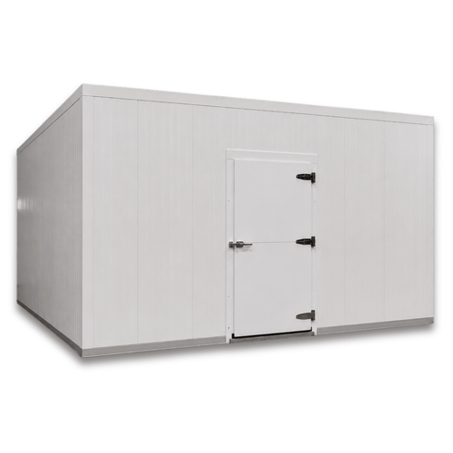 Large white drive-in cooler with sliding door and insulated panel walls