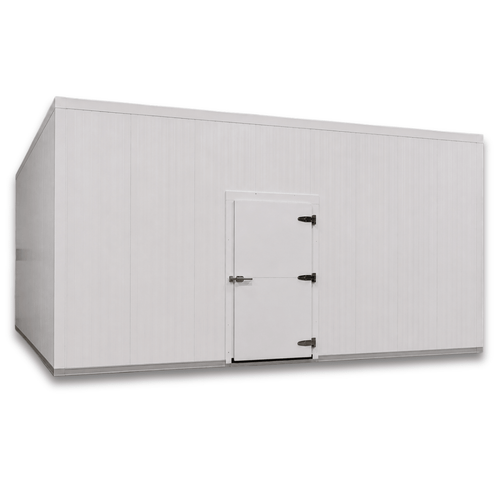 Large white drive-in cooler with hinged door and insulated panel walls