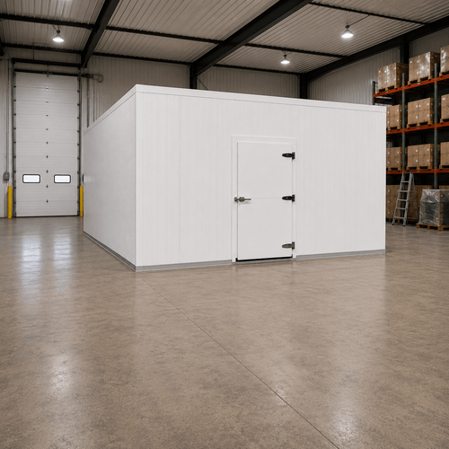 Large white drive-in cooler with hinged door and insulated panel walls