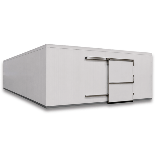 Large white drive-in cooler with sliding door and insulated panel walls