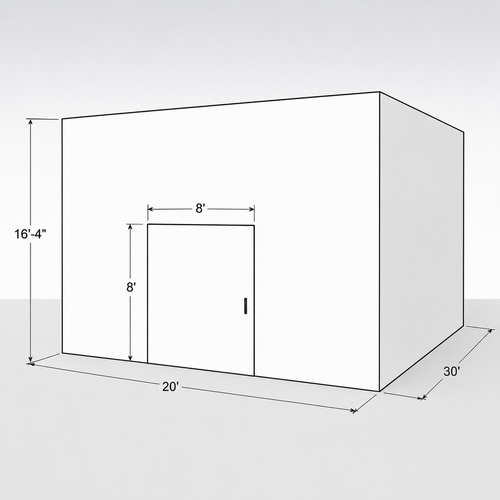 Large white drive-in cooler with sliding door and insulated panel walls