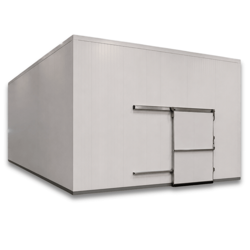 Large white drive-in cooler with sliding door and insulated panel walls