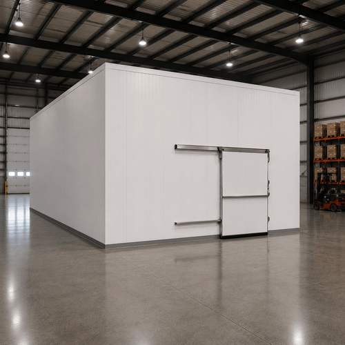 Large white drive-in cooler with sliding door and insulated panel walls
