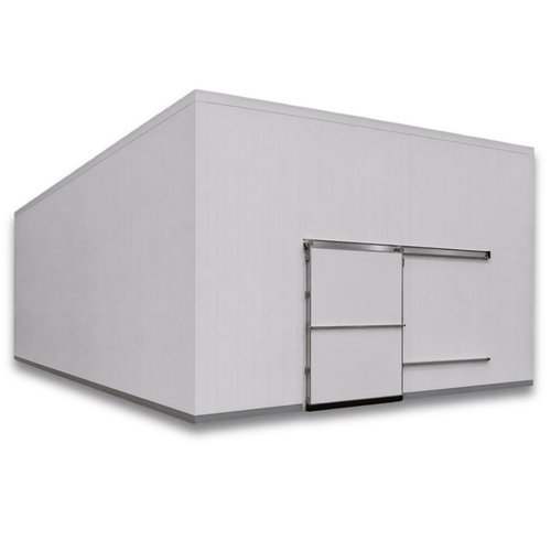 Large white drive-in cooler with sliding door and insulated panel walls