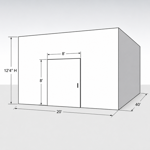 Large white drive-in cooler with sliding door and insulated panel walls