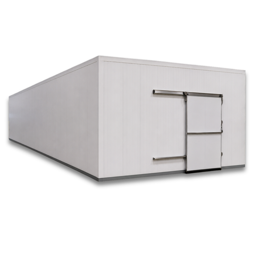 Large white drive-in cooler with sliding door and insulated panel walls