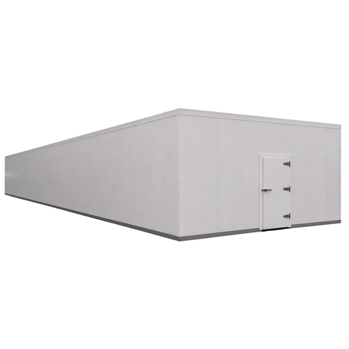 Large white drive-in cooler with sliding door and insulated panel walls