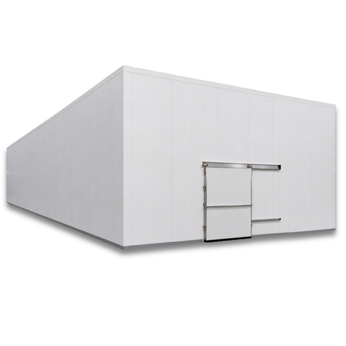 Large white drive-in cooler with sliding door and insulated panel walls