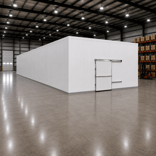 Large white drive-in cooler with sliding door and insulated panel walls