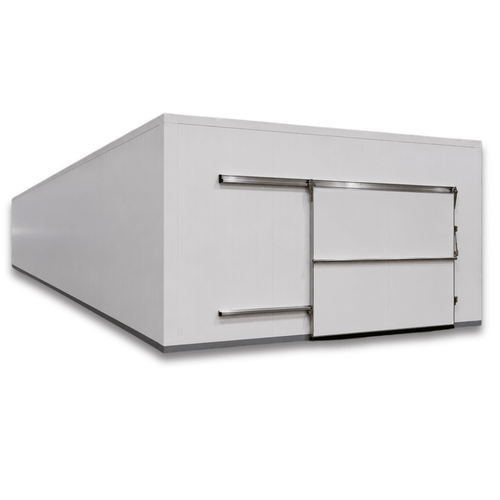 Large white drive-in cooler with hinged door and insulated panel walls