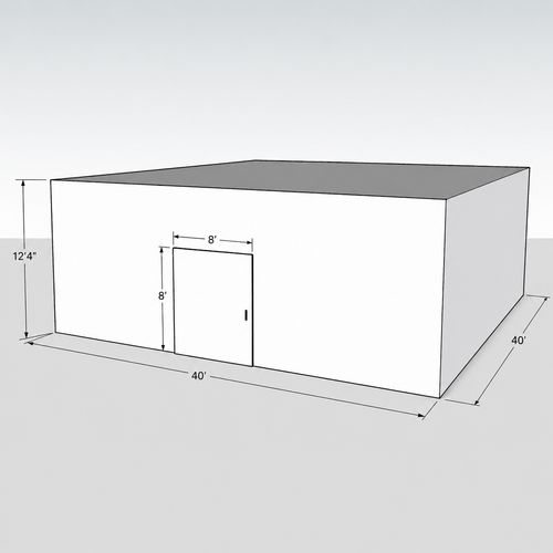 Large white drive-in cooler with sliding door and insulated panel walls