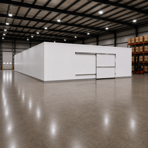 Large white drive-in cooler with sliding door and insulated panel walls