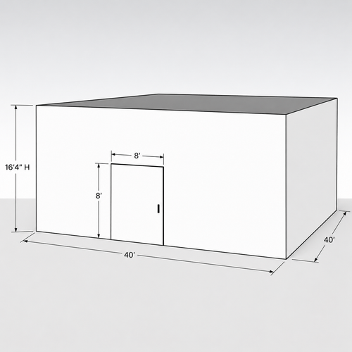 Large white drive-in cooler with sliding door and insulated panel walls