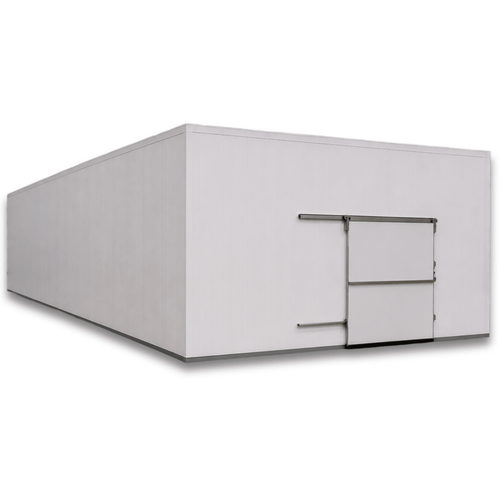 Large white drive-in cooler with sliding door and insulated panel walls