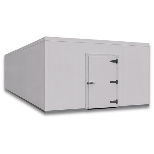 Large white drive-in freezer with hinged door and insulated panel walls