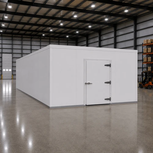 Large white drive-in freezer with hinged door and insulated panel walls