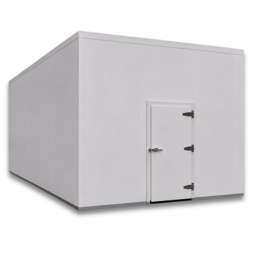 Large white drive-in freezer with hinged door and insulated panel walls