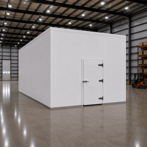 Large white drive-in freezer with hinged door and insulated panel walls