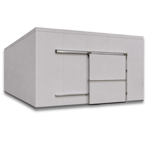 Large white drive-in freezer with sliding door and insulated panel walls