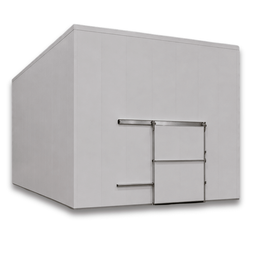 Large white drive-in freezer with sliding door and insulated panel walls