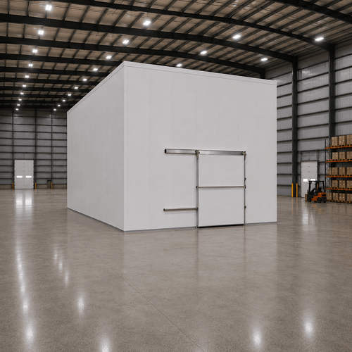 Large white drive-in freezer with sliding door and insulated panel walls