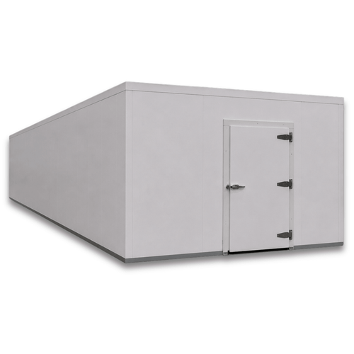 Large white drive-in freezer with hinged door and insulated panel walls