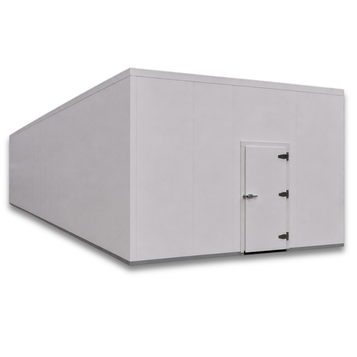 Large white drive-in freezer with hinged door and insulated panel walls