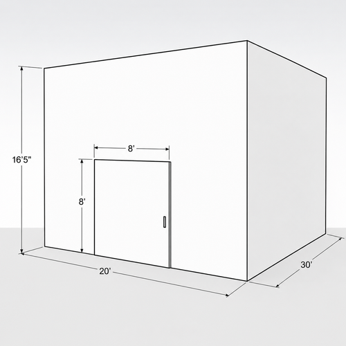 Large white drive-in freezer with sliding door and insulated panel walls