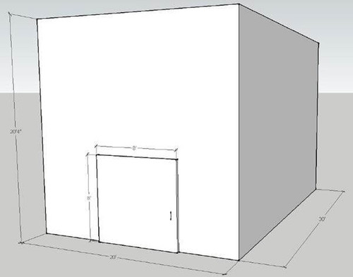 Large white drive-in freezer with sliding door and insulated panel walls