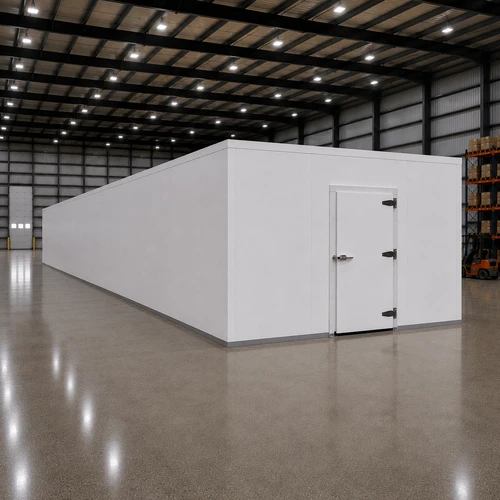 Large white drive-in freezer with hinged door and insulated panel walls