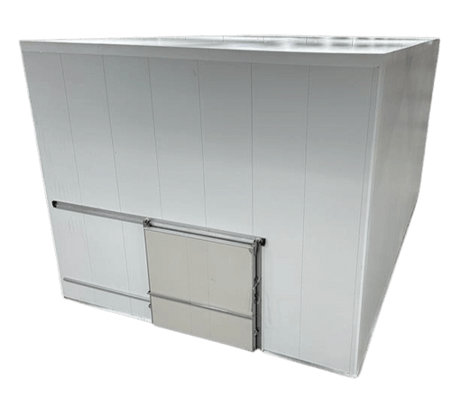 Large white drive-in freezer with sliding door and insulated panel walls