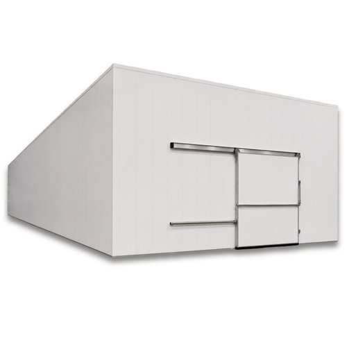 Large white drive-in freezer with sliding door and insulated panel walls