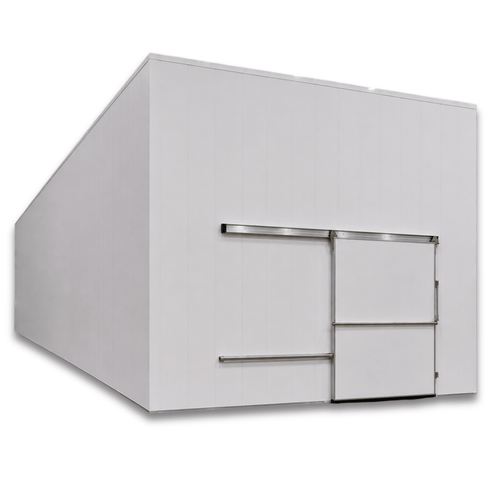 Large white drive-in freezer with sliding door and insulated panel walls