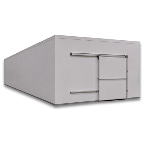 Large white drive-in freezer with sliding door and insulated panel walls