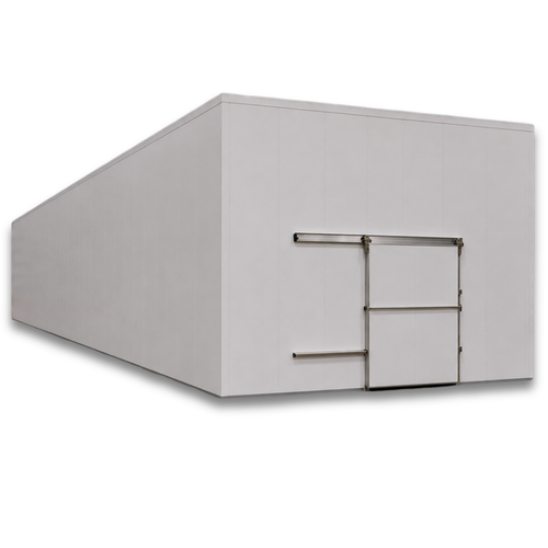 Large white drive-in freezer with sliding door and insulated panel walls