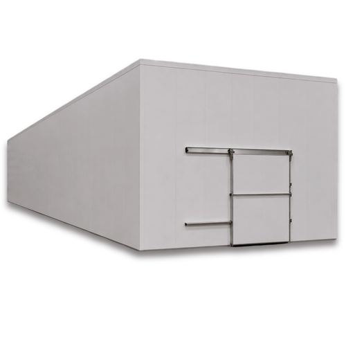 Large white drive-in freezer with sliding door and insulated panel walls
