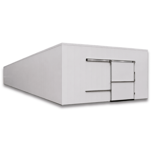 Large white drive-in freezer with sliding door and insulated panel walls