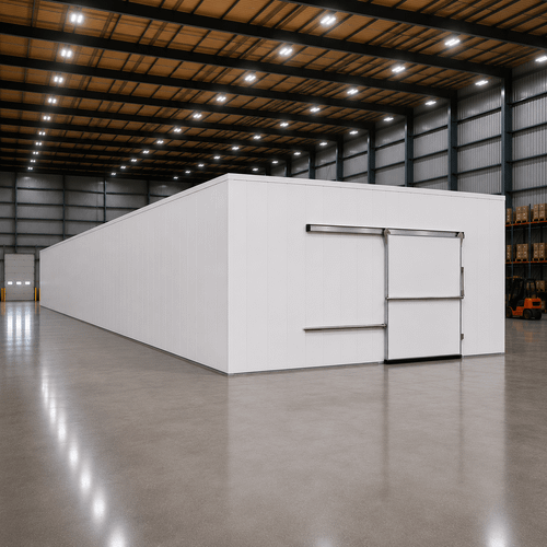Large white drive-in freezer with sliding door and insulated panel walls