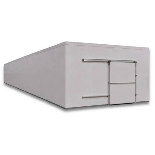 Large white drive-in freezer with sliding door and insulated panel walls
