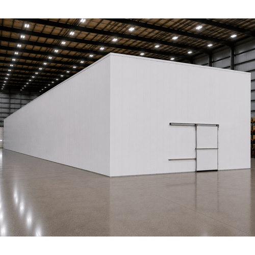 Large white drive-in freezer with sliding door and insulated panel walls