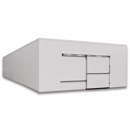 Large white drive-in freezer with sliding door and insulated panel walls