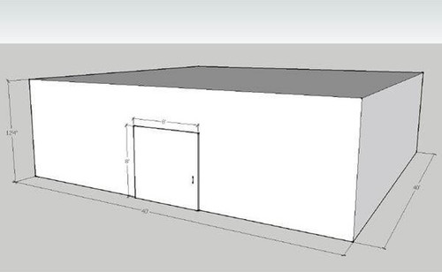 Large white drive-in freezer with sliding door and insulated panel walls